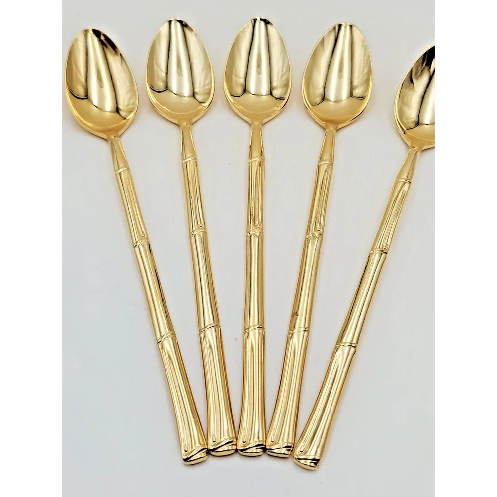Set 5 National Escapade Iced Tea Spoon Gold Plated Bamboo Style Handle